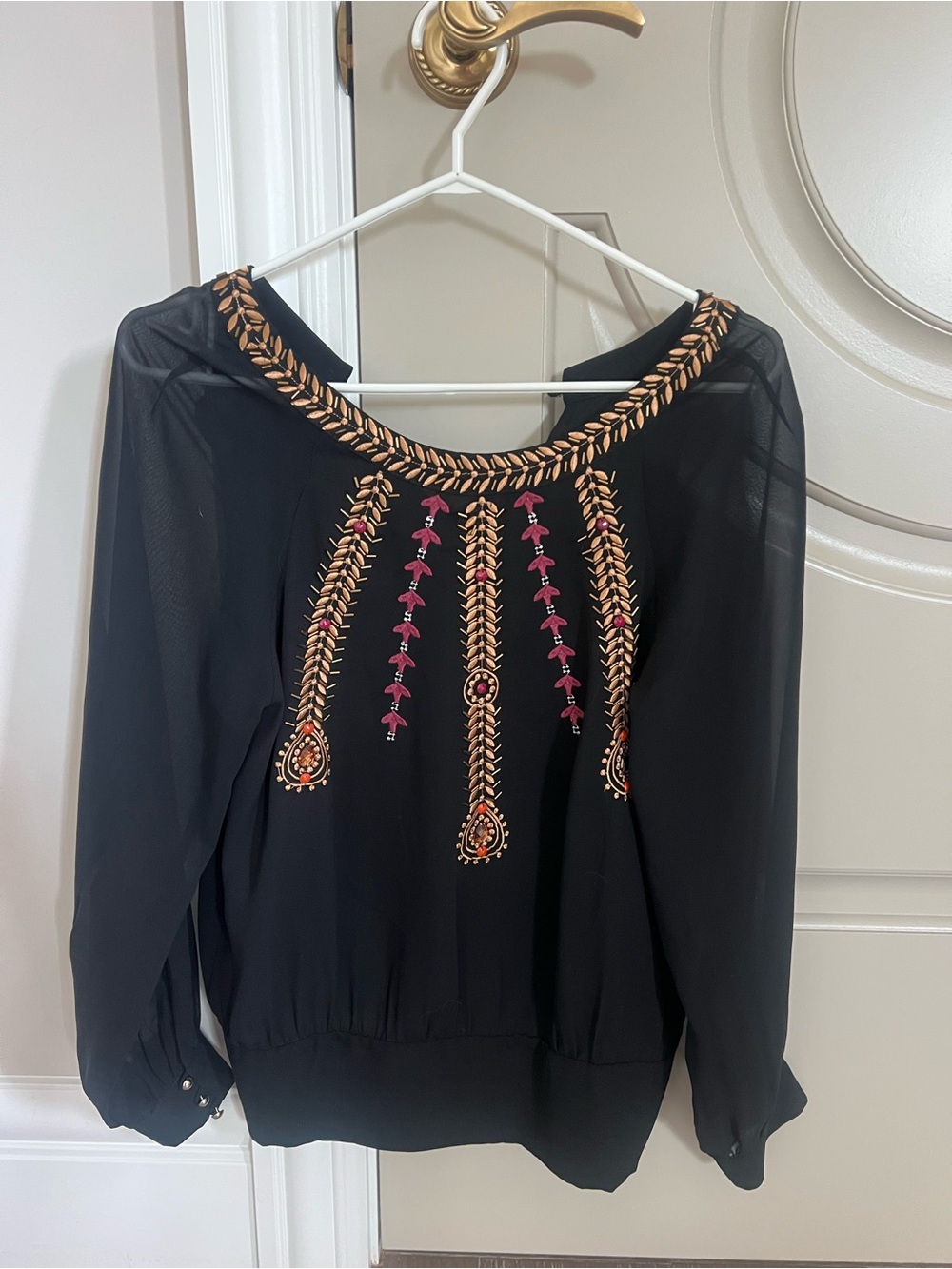 bebe Black Top with Gold Leaf Embroidery
